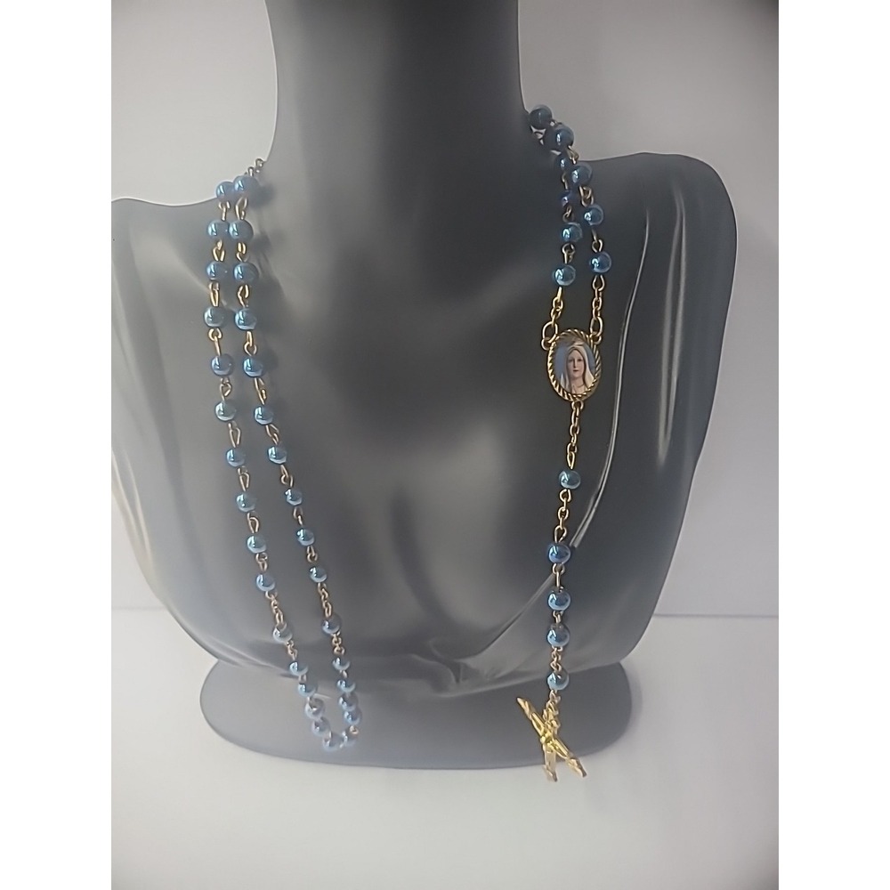 Vintage Crucifix Cross Pendant Necklace Blue Bead Star Of The Sea Rosary 34 In